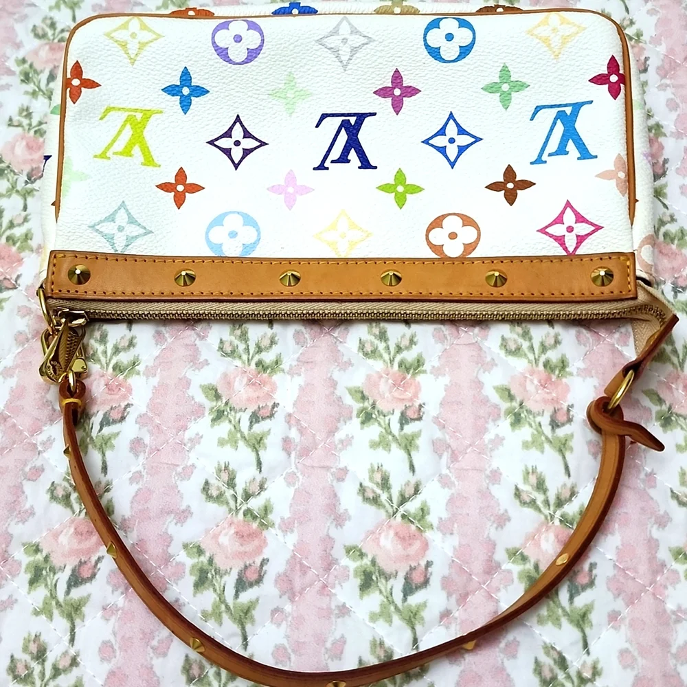 💎 Louis Vuitton White Takashi Murakami Multicolor Iconic Monogram Pochette Bag - Picture 13 of 17